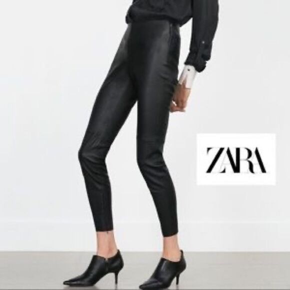Zara black faux leather high rise leggings ankle zipper Sz S - Picture 1 of 13